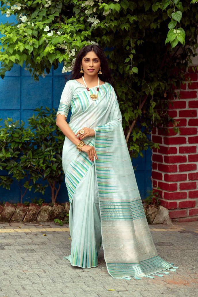 Light Green Stripes Tusser Silk Saree - Indiakreations