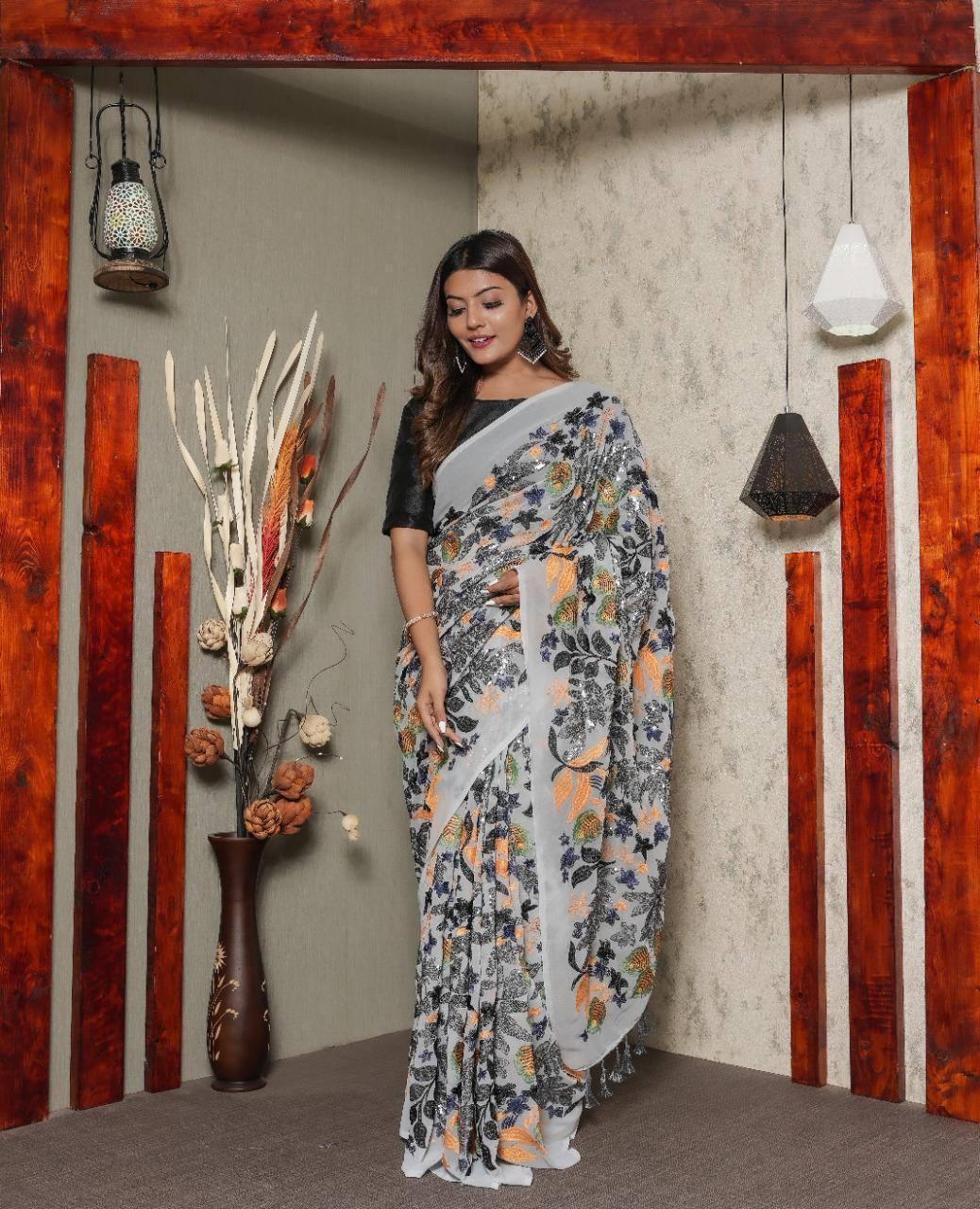 Light Grey Floral Georgette Sequins Saree - Indiakreations