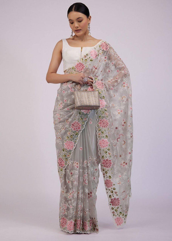 Light Grey Organza Embroidery Saree - Indiakreations