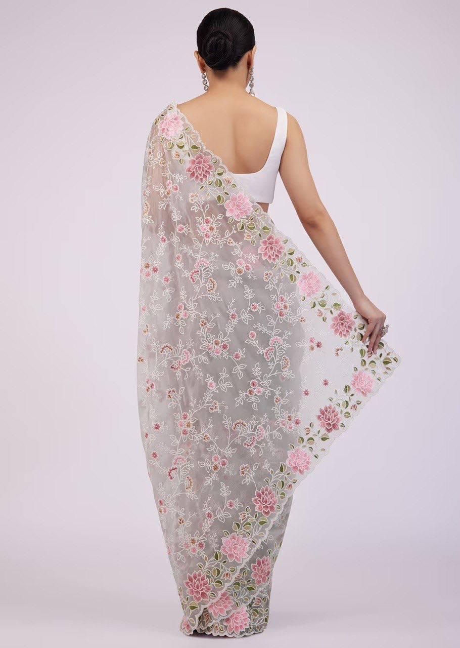 Light Grey Organza Embroidery Saree - Indiakreations