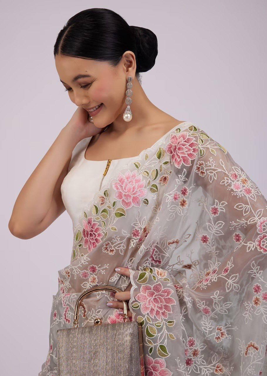 Light Grey Organza Embroidery Saree - Indiakreations