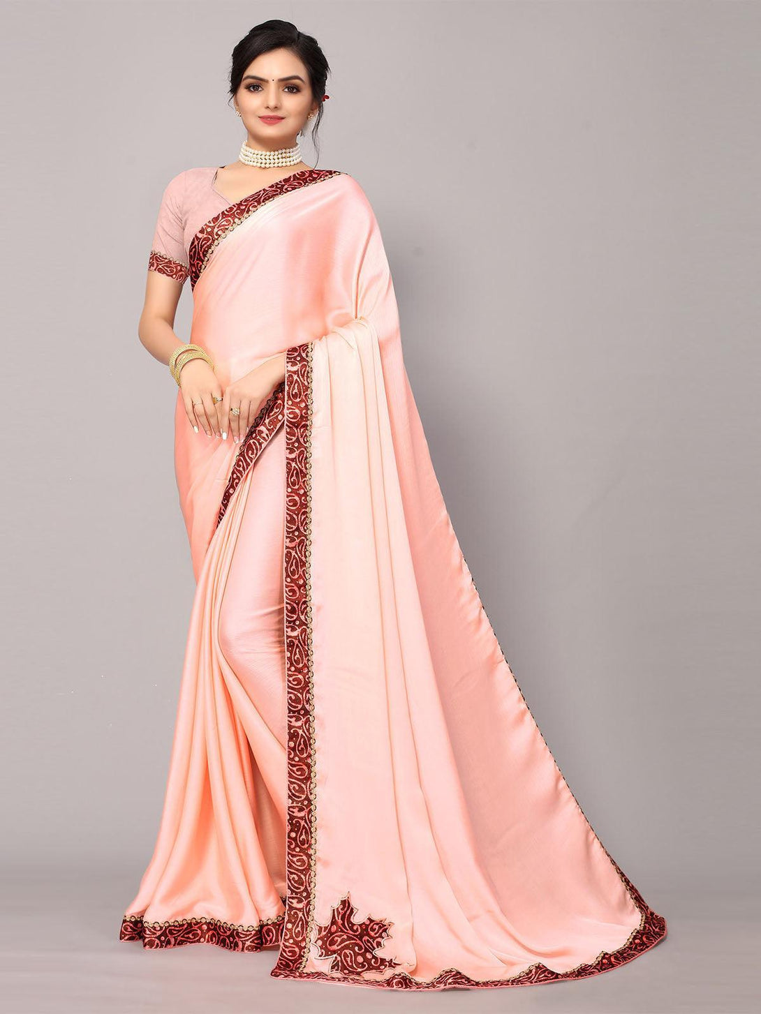 Women's Light Pink Chiffon Printed Border Saree With Matching Blouse. - Odette - Indiakreations