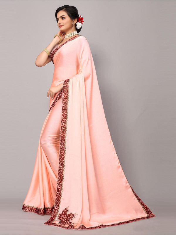 Women's Light Pink Chiffon Printed Border Saree With Matching Blouse. - Odette - Indiakreations