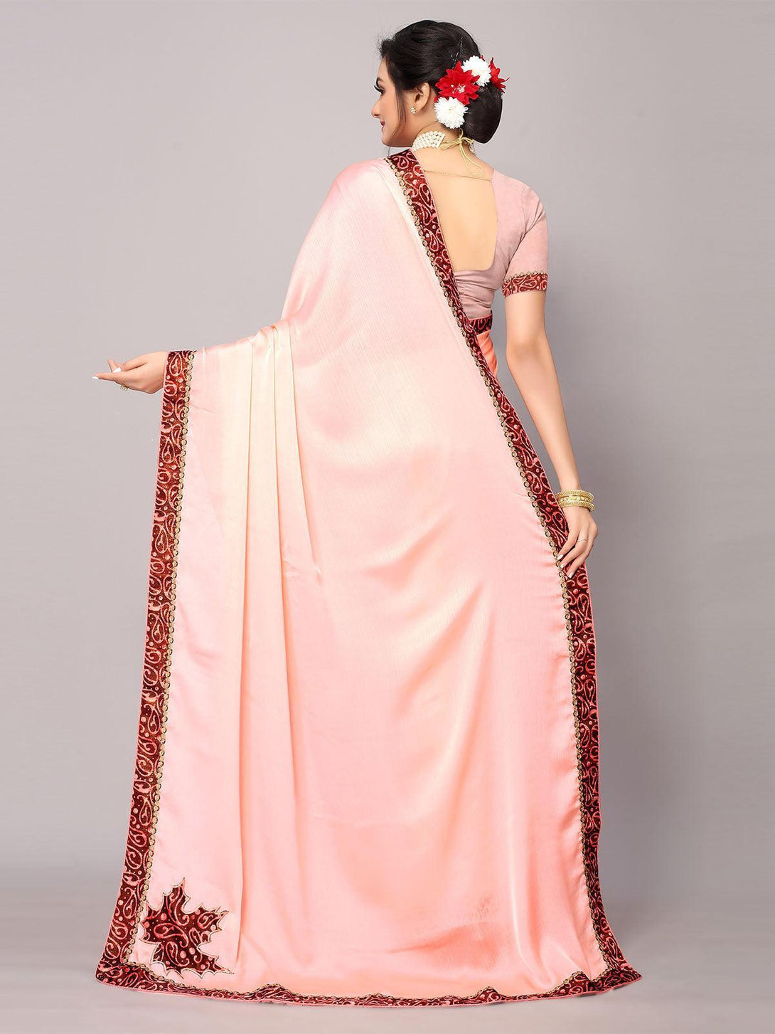 Women's Light Pink Chiffon Printed Border Saree With Matching Blouse. - Odette - Indiakreations