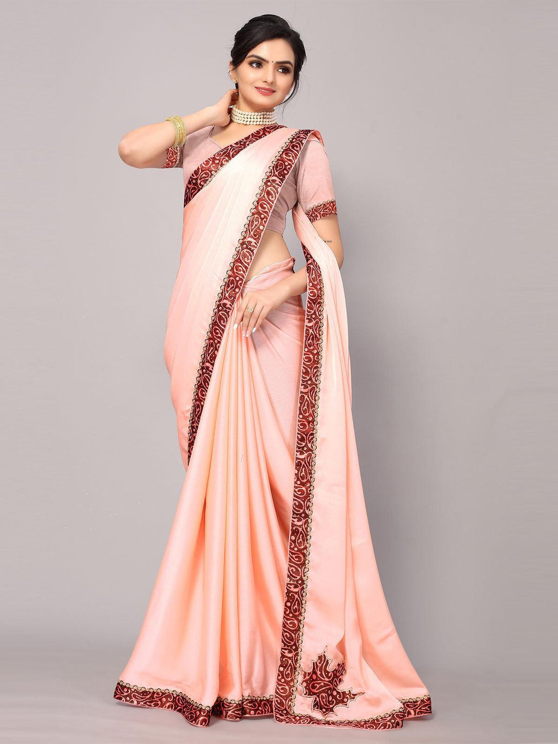 Women's Light Pink Chiffon Printed Border Saree With Matching Blouse. - Odette - Indiakreations