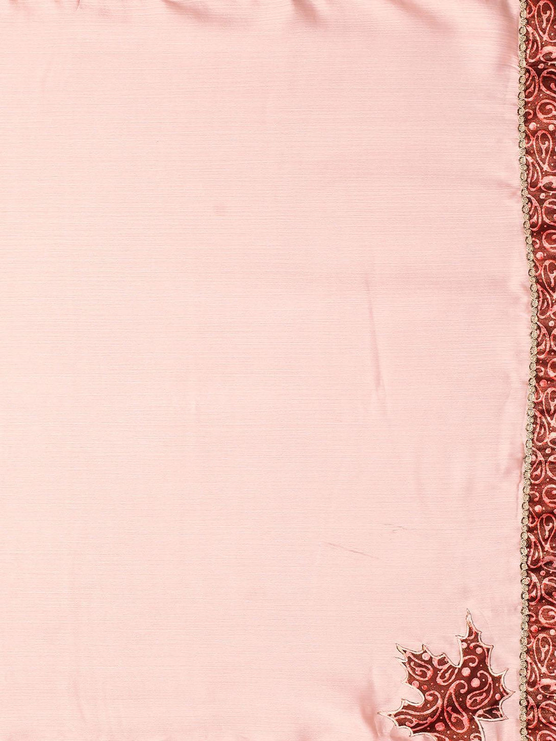 Women's Light Pink Chiffon Printed Border Saree With Matching Blouse. - Odette - Indiakreations