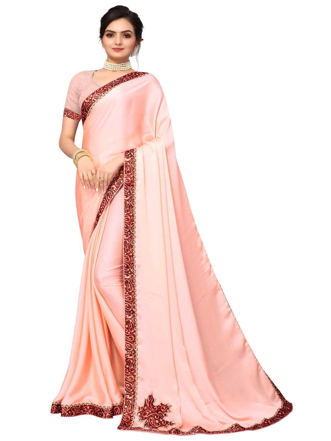 Women's Light Pink Chiffion Printed Saree With Blouse - Odette - Indiakreations