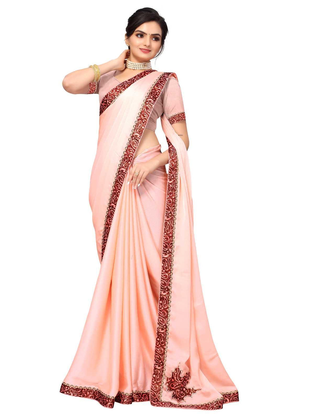 Women's Light Pink Chiffion Printed Saree With Blouse - Odette - Indiakreations