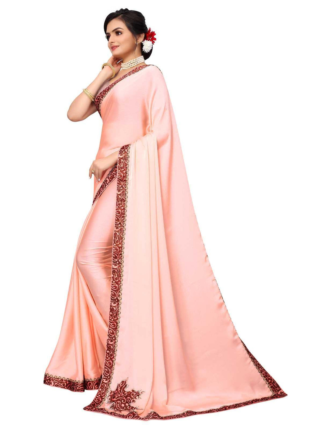 Women's Light Pink Chiffion Printed Saree With Blouse - Odette - Indiakreations