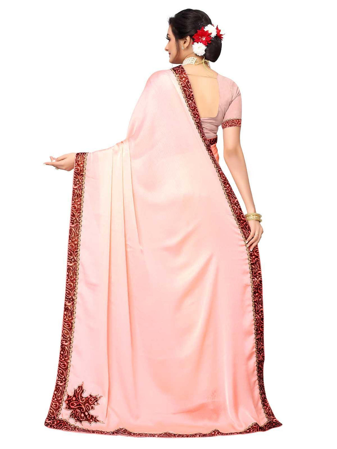 Women's Light Pink Chiffion Printed Saree With Blouse - Odette - Indiakreations