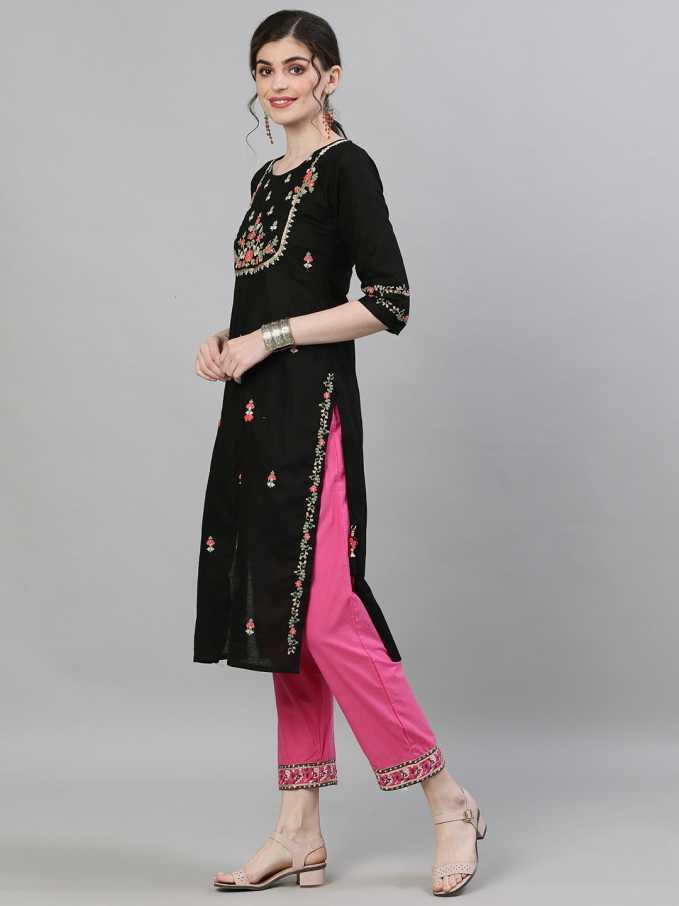 Women Black Cotton Straight Kurta by Ishin (1pc) - Indiakreations