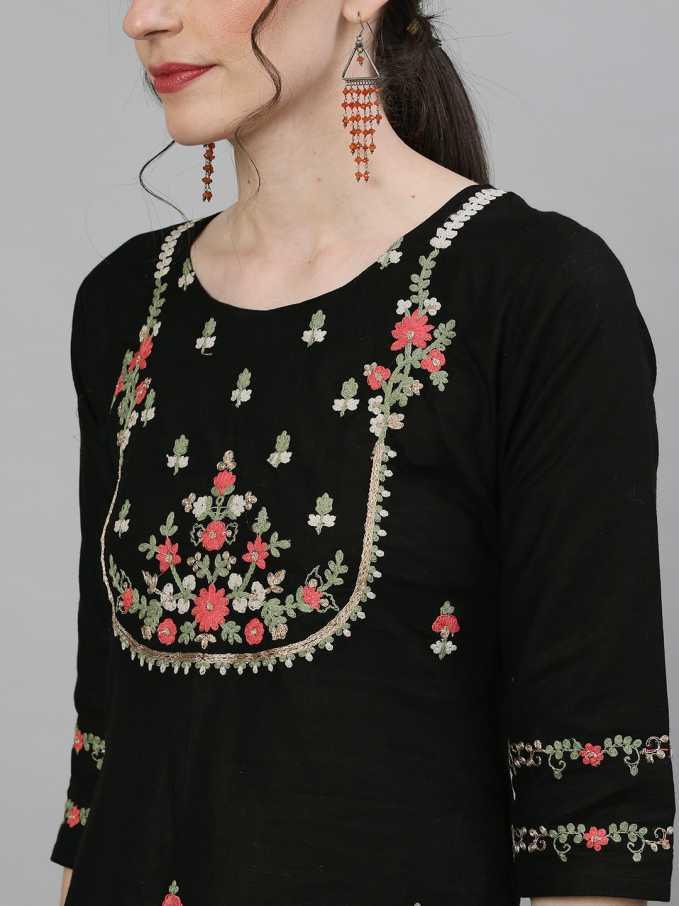 Women Black Cotton Straight Kurta by Ishin (1pc) - Indiakreations