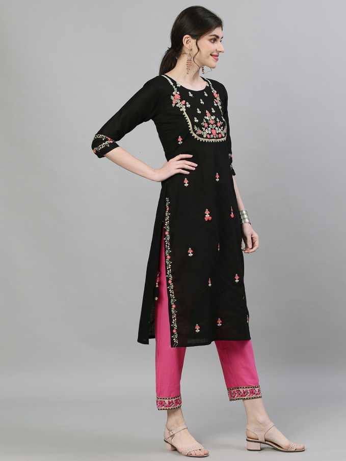 Women Black Cotton Straight Kurta by Ishin (1pc) - Indiakreations