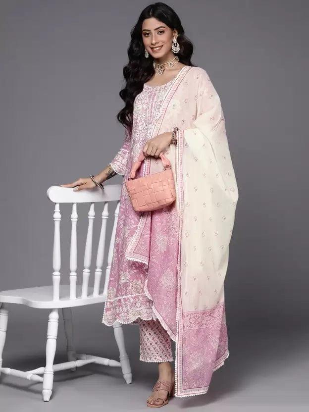 KSUT Women Mauve Pure Cotton Floral Embroidered Kurta with Trousers & With Dupatta - Indiakreations