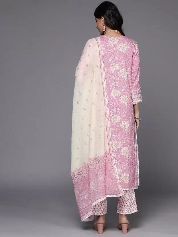 KSUT Women Mauve Pure Cotton Floral Embroidered Kurta with Trousers & With Dupatta - Indiakreations