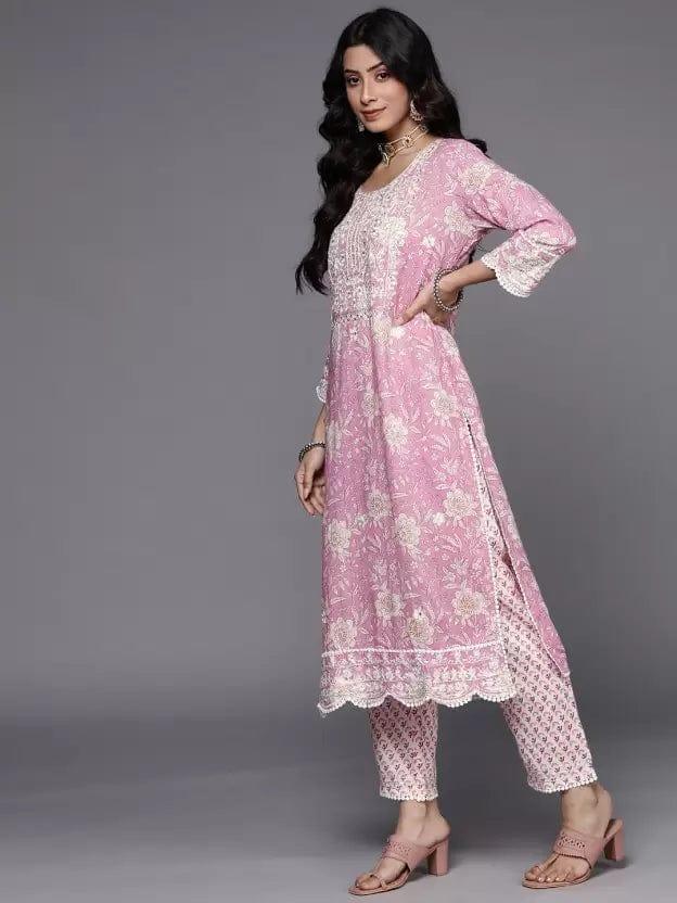 KSUT Women Mauve Pure Cotton Floral Embroidered Kurta with Trousers & With Dupatta - Indiakreations