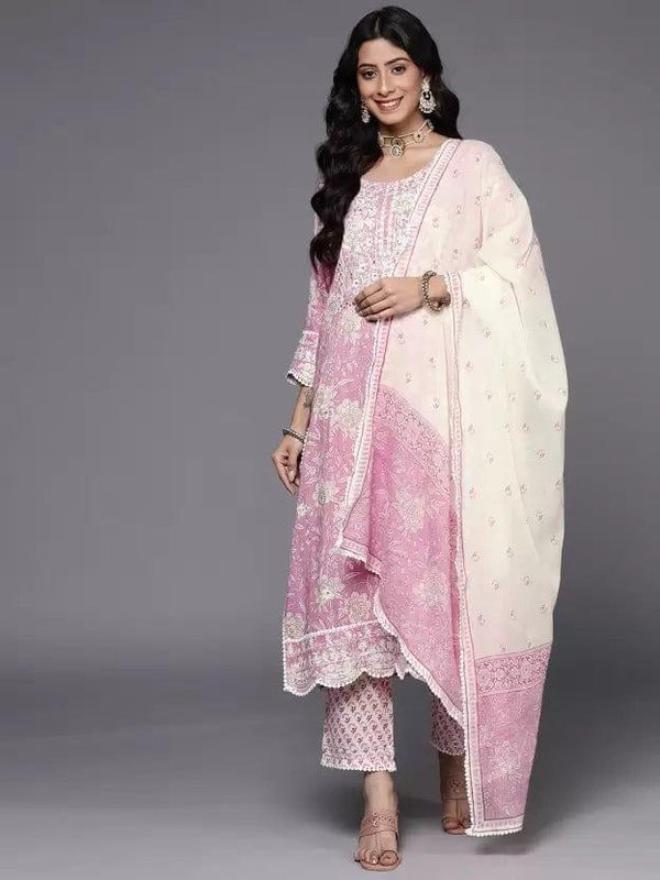 KSUT Women Mauve Pure Cotton Floral Embroidered Kurta with Trousers & With Dupatta - Indiakreations