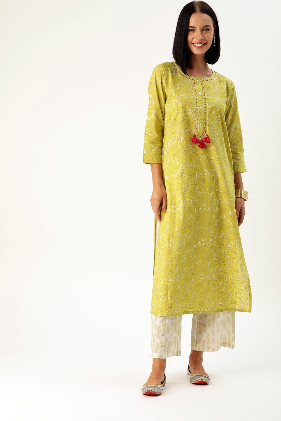 Women Lime Green & White Printed Kurta With Palazzos - Indiakreations