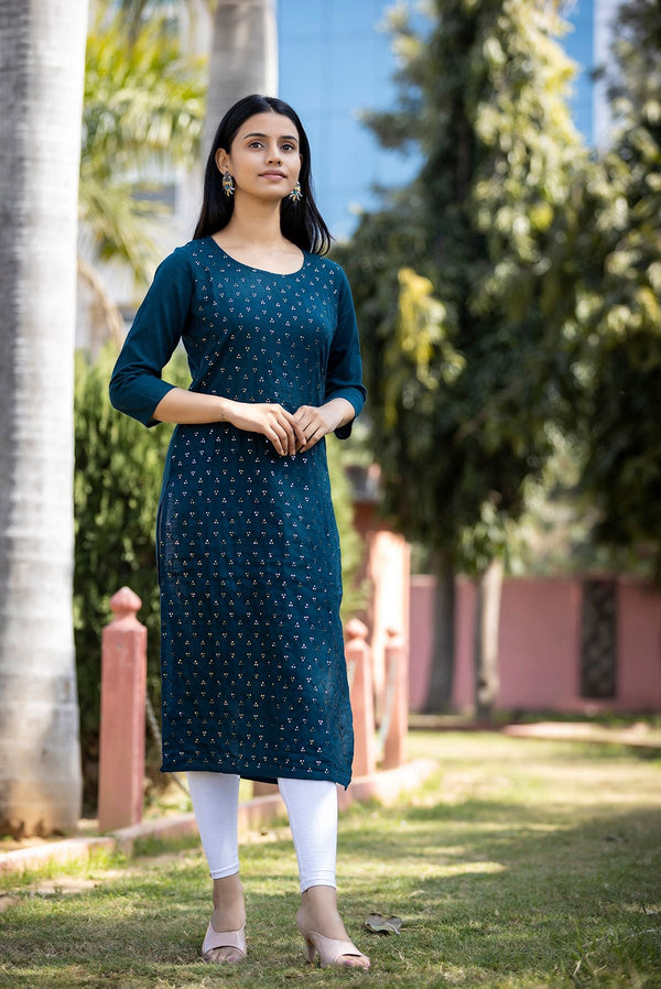 Women's Blue Solid Sequin Embellishment Kurta - KAAJH