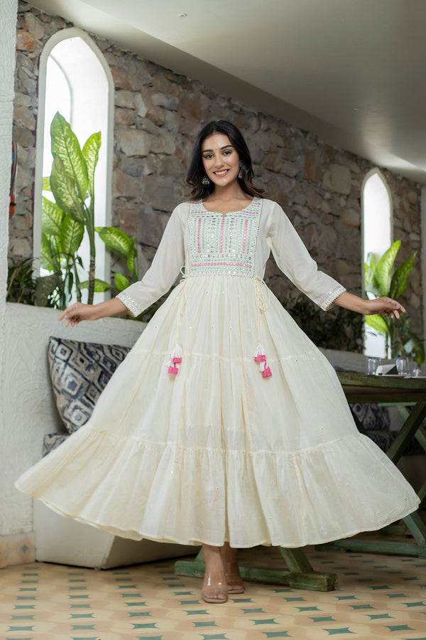 Women's White Mirror Embellishment Anarkali Kurta - KAAJH