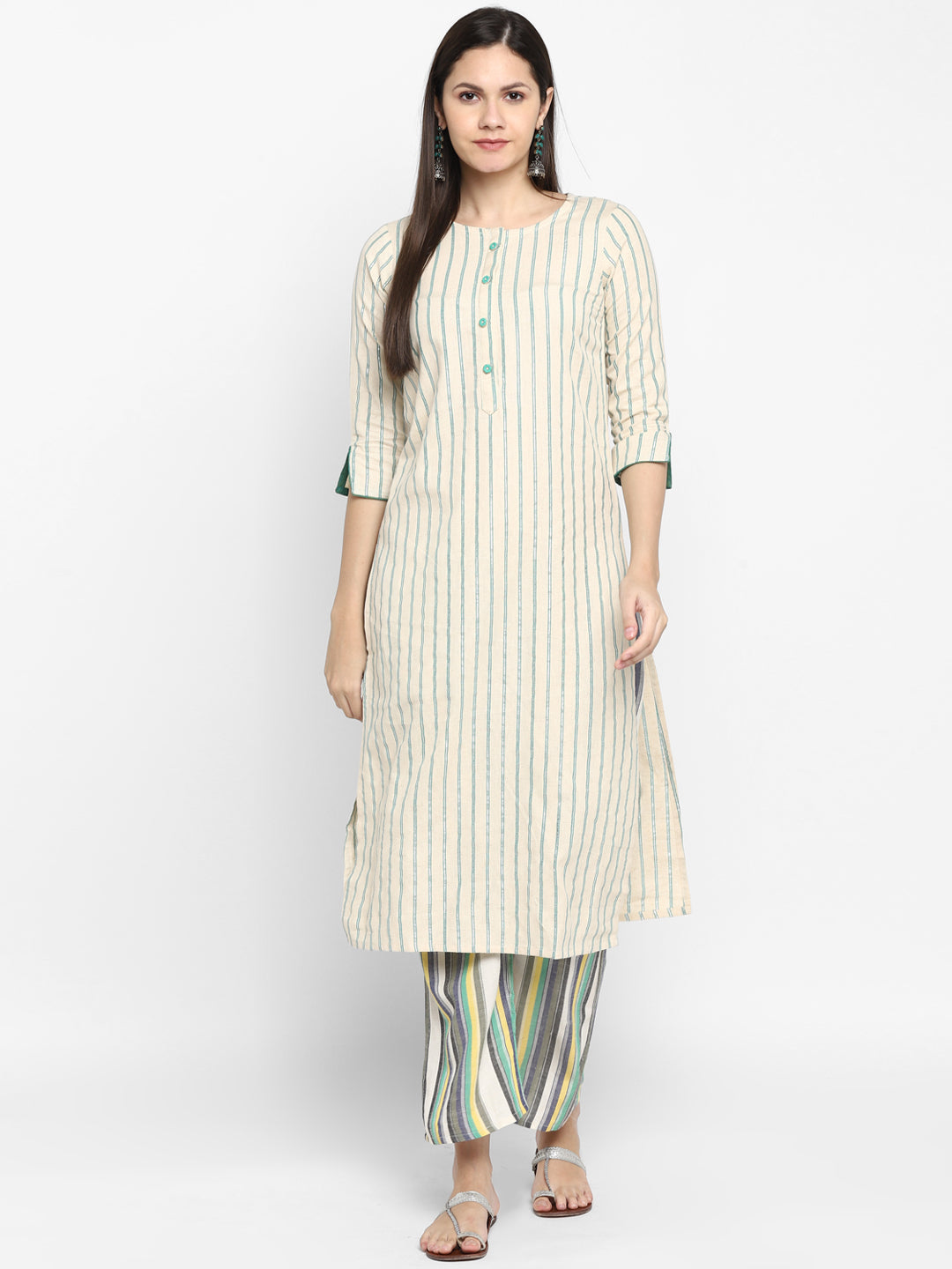 Women's Cream&Green Color Cotton Blend Straight Chex Stripe Printed Kurta Palazzo Set - VAABA