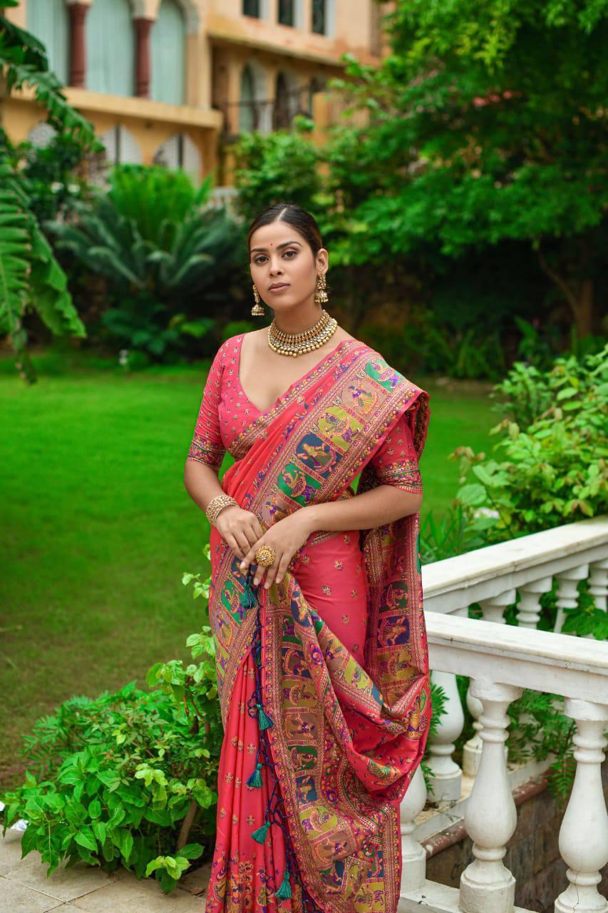 Magenta Pink Kashmiri Pashmina Silk Saree - Indiakreations