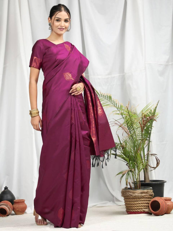 Magenta Purple Leaf Soft Silk Saree - Indiakreations