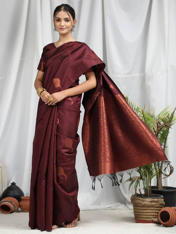 Maroon Leaf Soft Silk Saree - Indiakreations