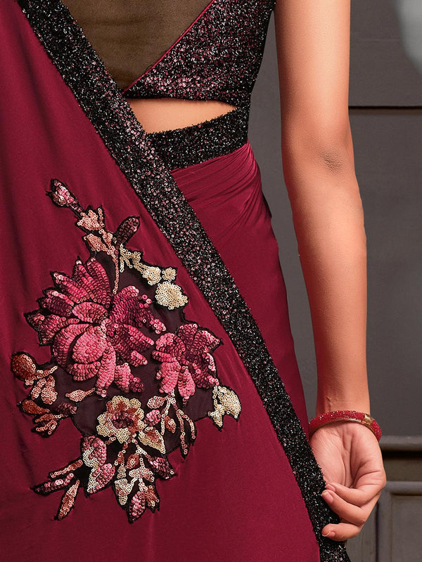 Women's Maroon Lycra Designer Saree With Blouse - Odette