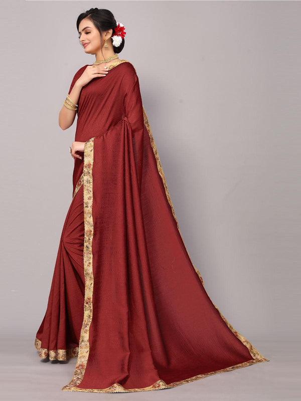 Women's Maroon Poly Silk Printed Border Saree With Matching Blouse. - Odette