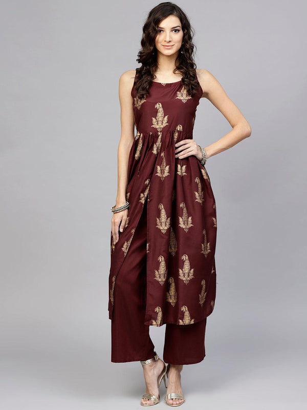 Maroon Printed Muslin Kurta Set - Libas