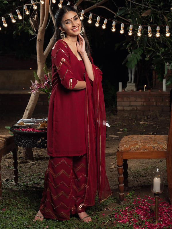 Maroon Solid Georgette Straight Kurta With Palazzos & Dupatta