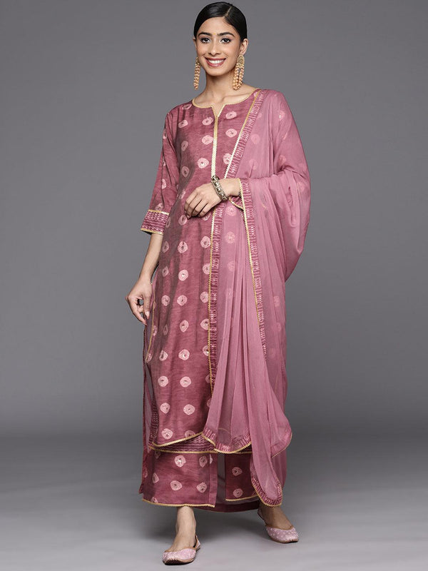 Mauve Printed Silk Blend Straight Kurta With Palazzos & Dupatta