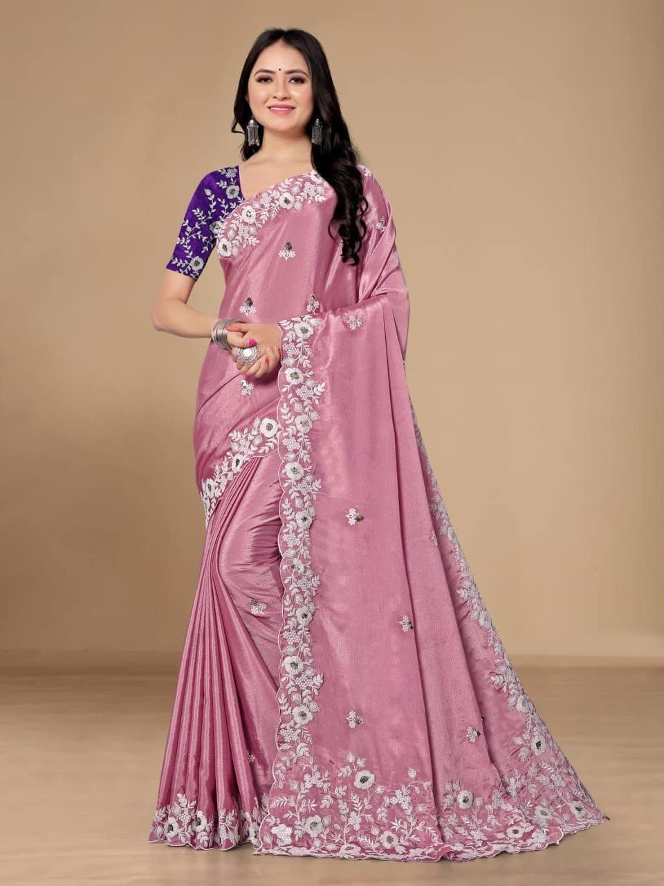 Mauve Purple Floral Chinon Silk Saree - Indiakreations