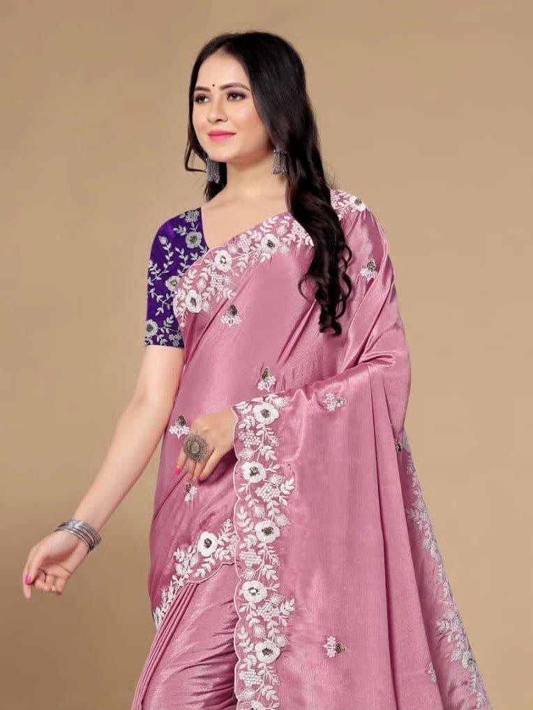 Mauve Purple Floral Chinon Silk Saree - Indiakreations