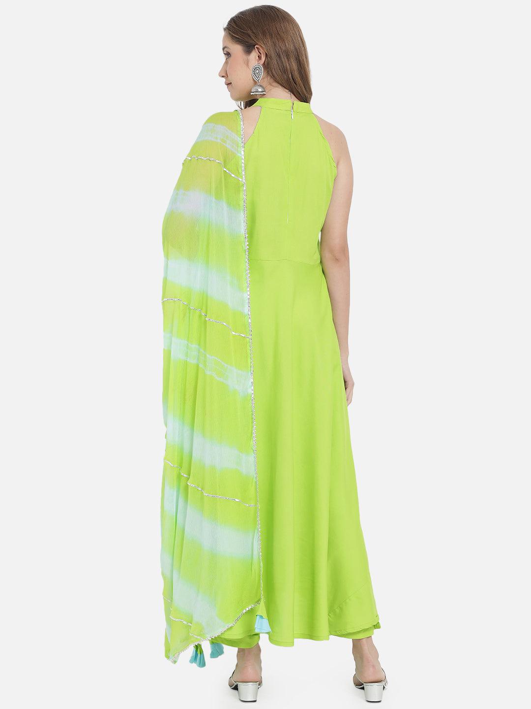 Women's Neon Green Solid Flared Kurta set with Dupatta - Meeranshi - Indiakreations