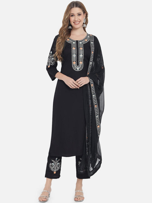 Women's Solid Black Embroidery Kurta Set with Dupatta - Meeranshi - Indiakreations