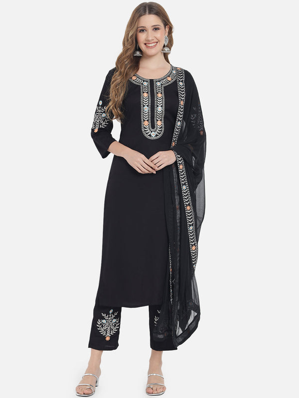 Women's Solid Black Embroidery Kurta Set with Dupatta - Meeranshi