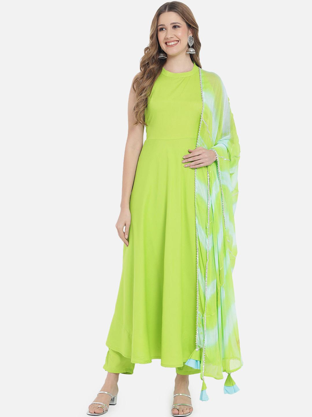 Women's Neon Green Solid Flared Kurta set with Dupatta - Meeranshi - Indiakreations