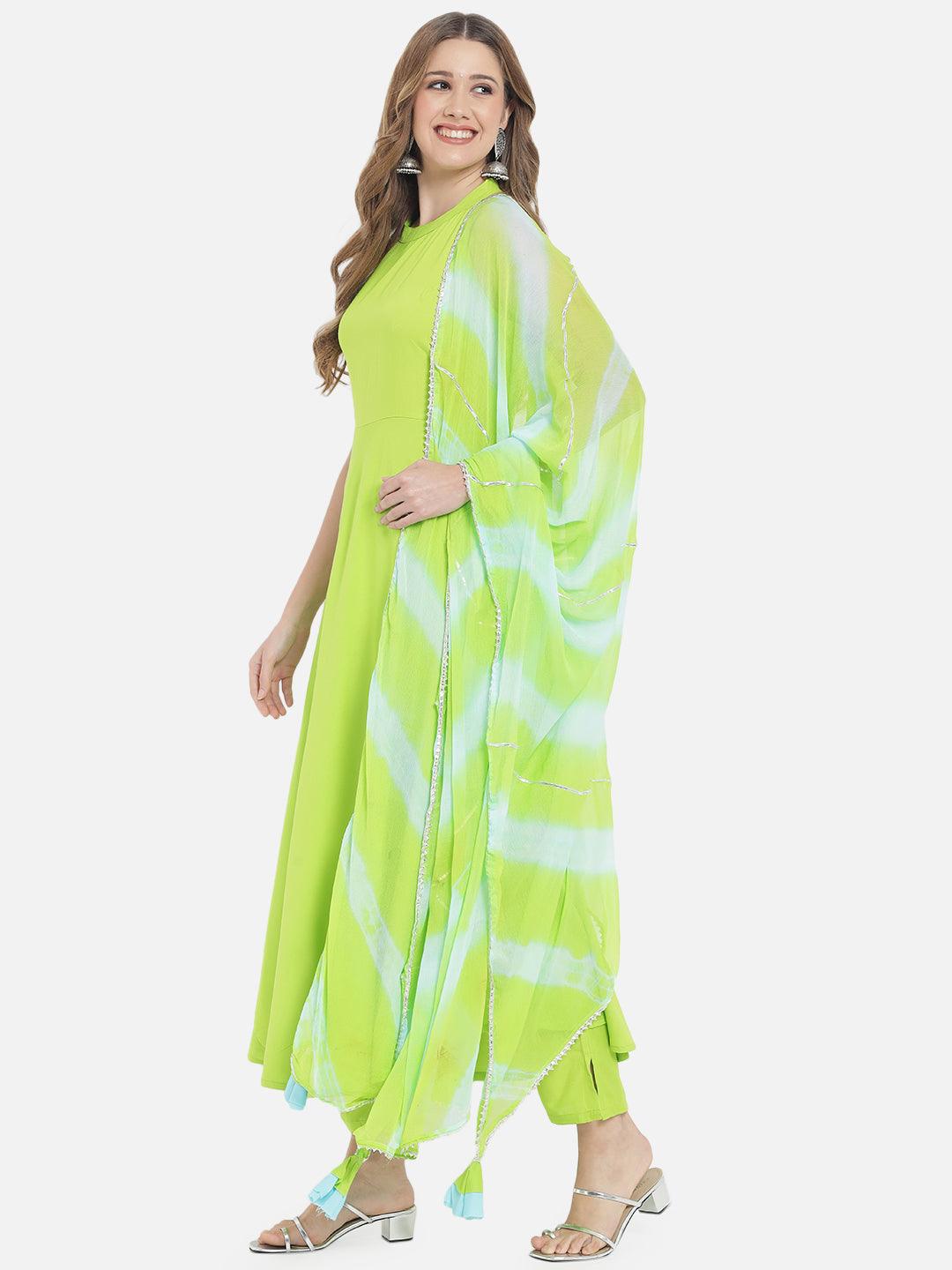 Women's Neon Green Solid Flared Kurta set with Dupatta - Meeranshi - Indiakreations