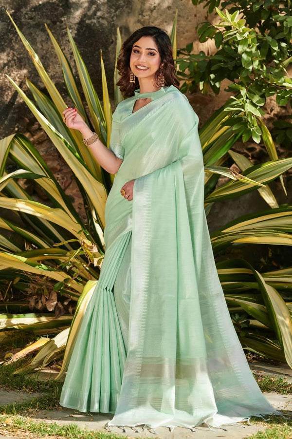 Mint Green Linen Tissue Silk Saree - Indiakreations