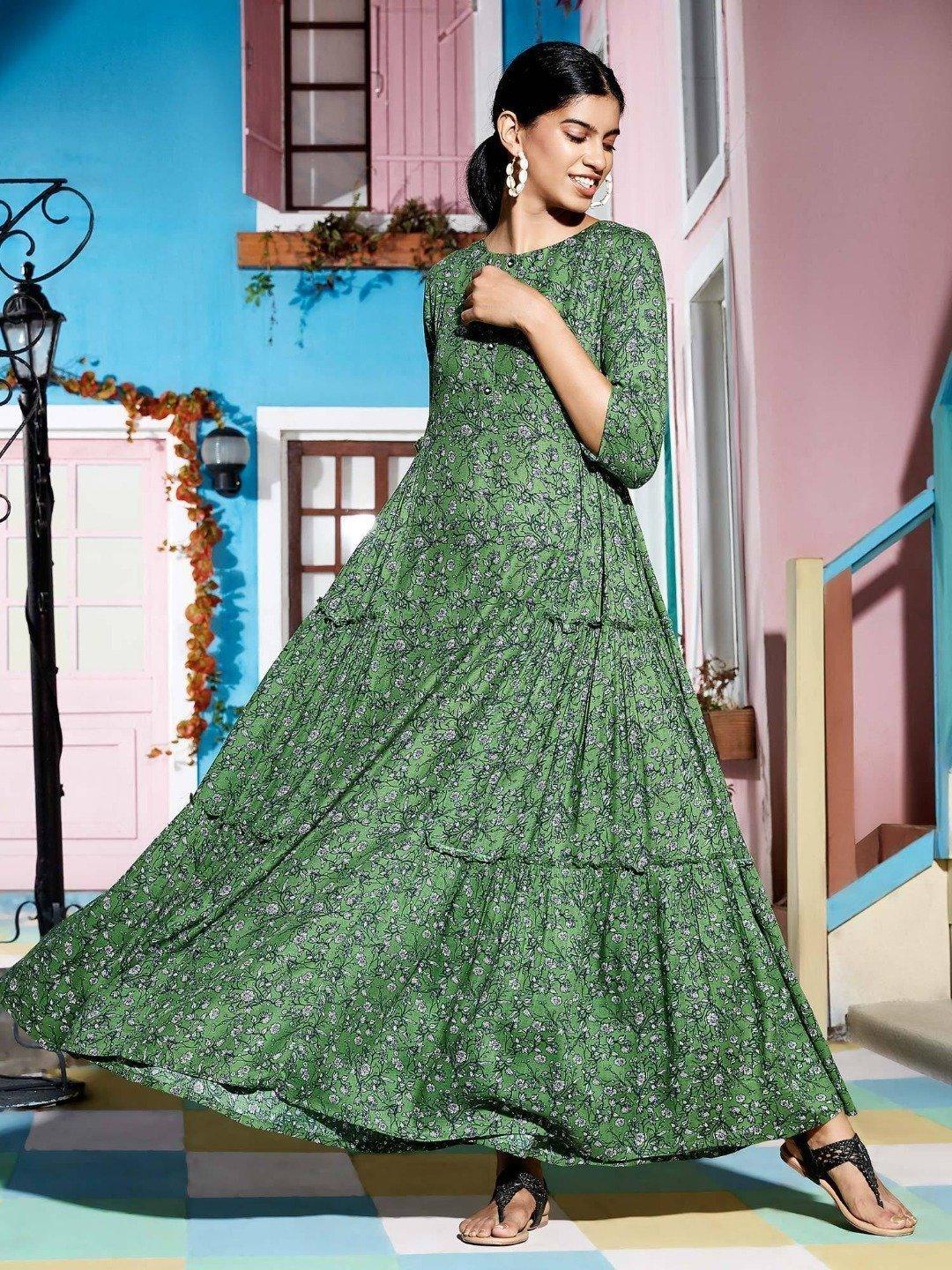 Women's Green Rayon Western Dress-Mansa - Indiakreations