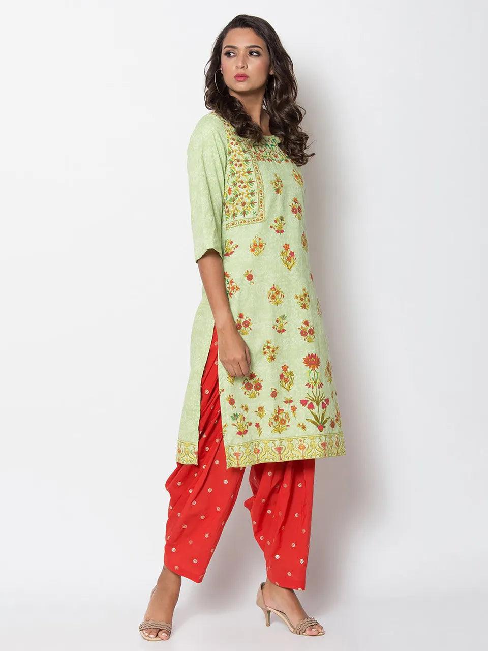 Women's Green Floral Kurta - BIBA - Indiakreations