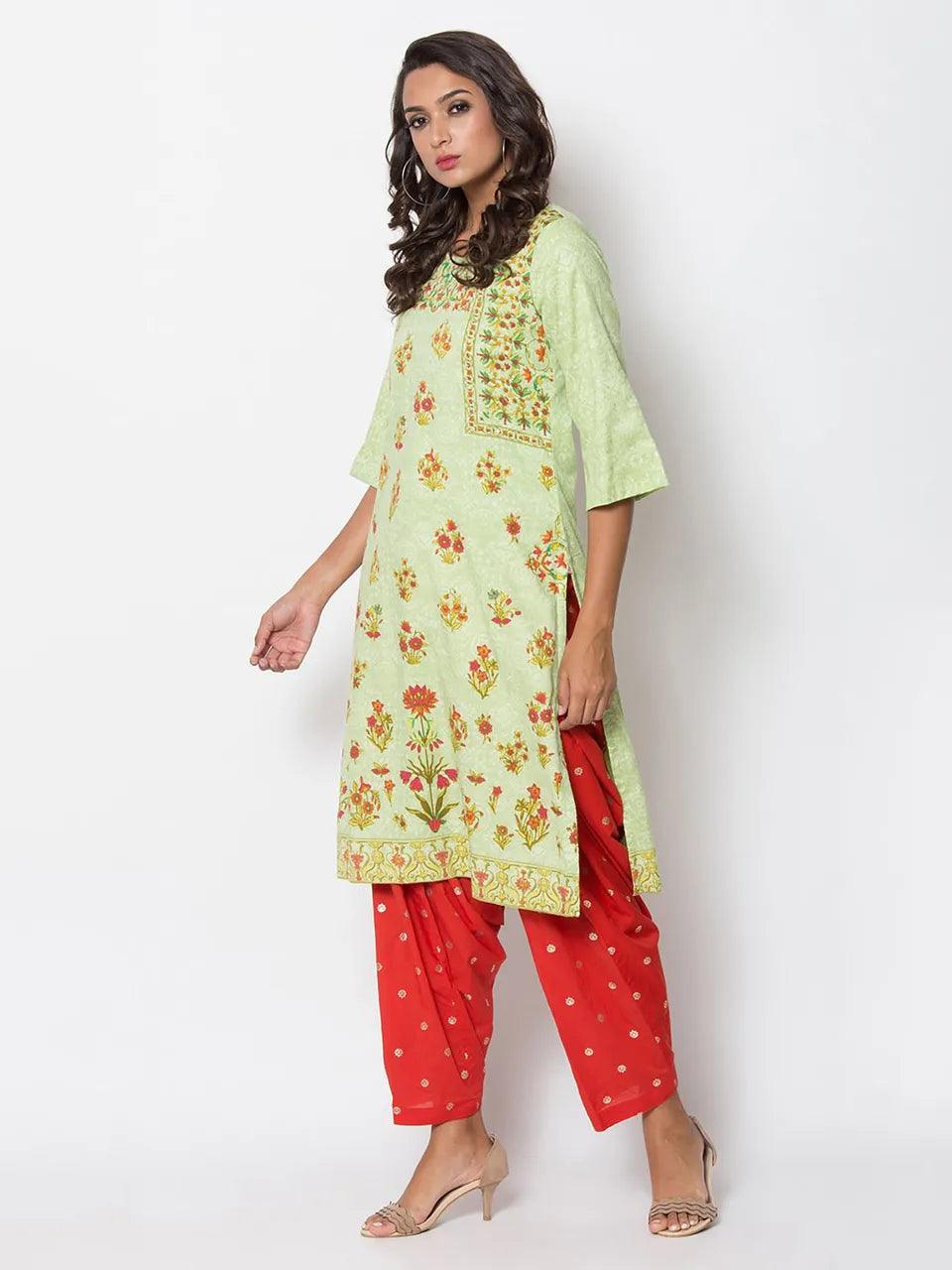 Women's Green Floral Kurta - BIBA - Indiakreations