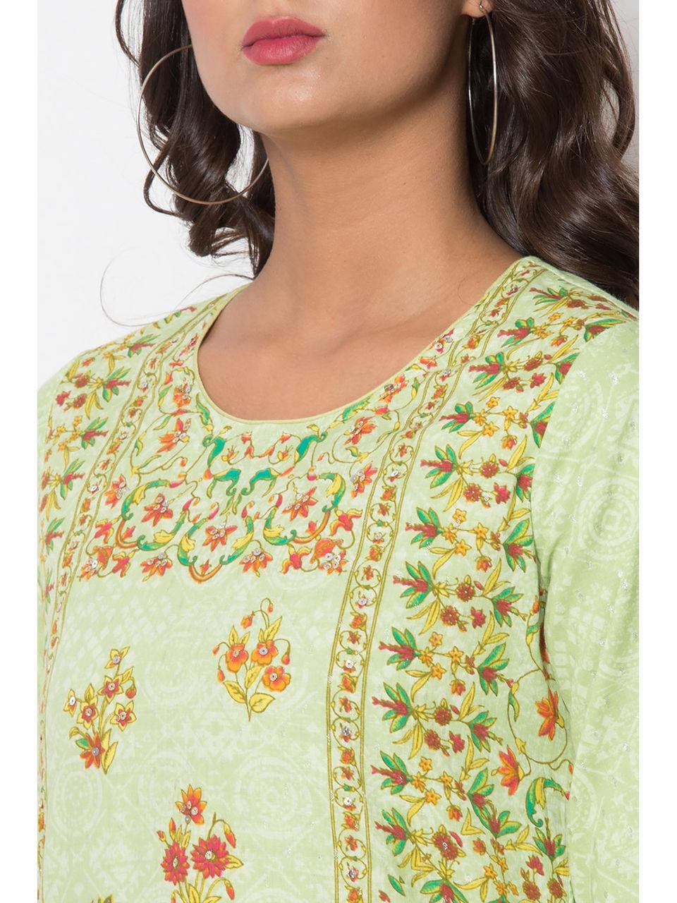 Women's Green Floral Kurta - BIBA - Indiakreations