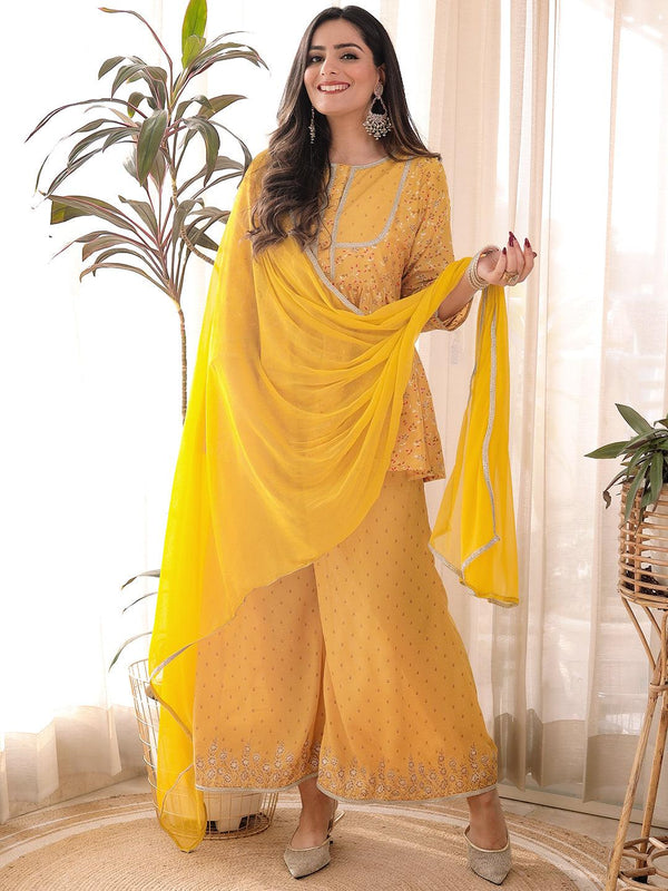 Mustard Printed Silk Blend A-Line Top With Palazzos & Dupatta