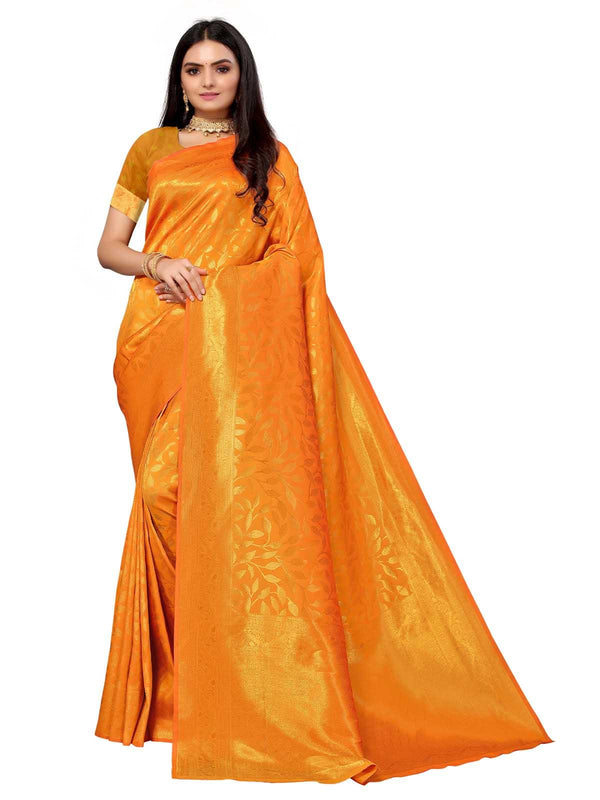 Women's Mustard Silk Blend Woven Saree With Blouse - Odette