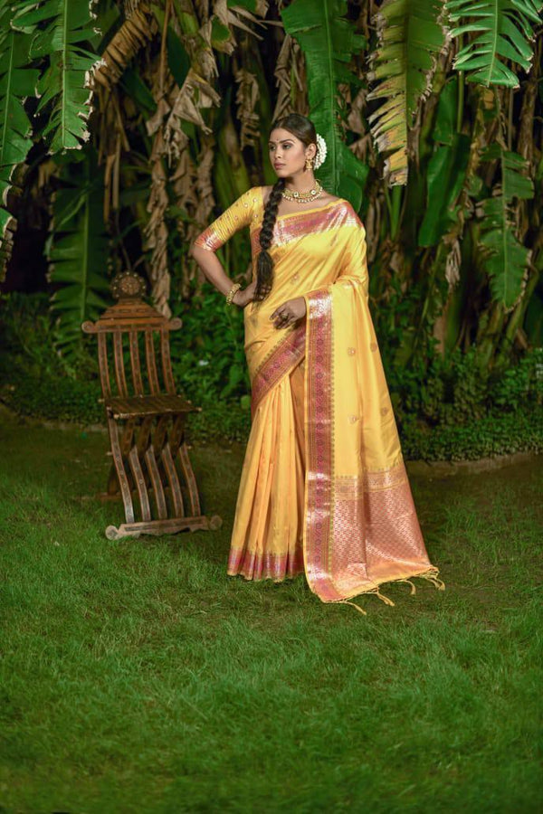 Mustard Yellow Banarasi Silk Saree - Indiakreations