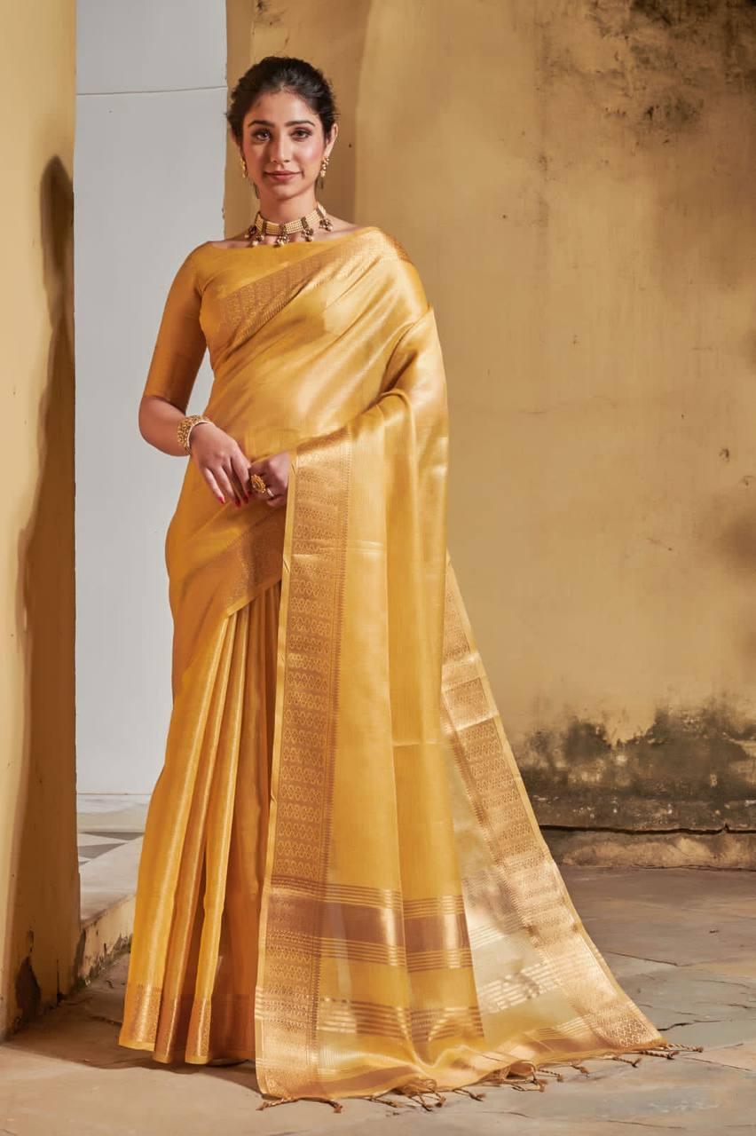 Mustard Yellow Maheshwari silk Saree - Indiakreations