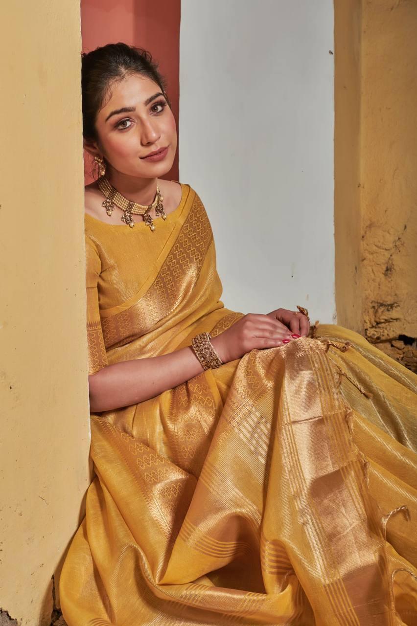 Mustard Yellow Maheshwari silk Saree - Indiakreations